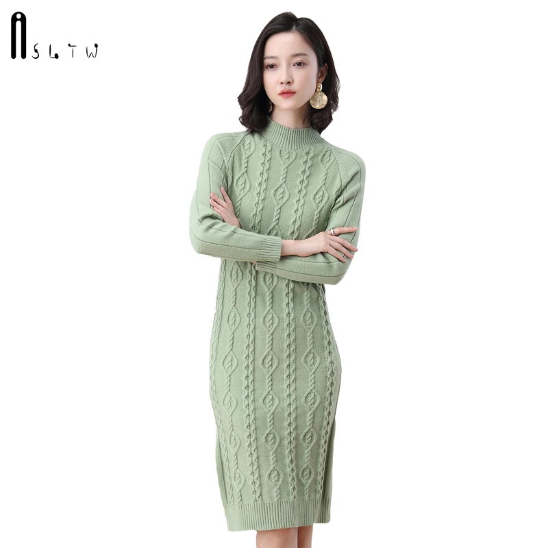 ASLTW Twist Long Sweater Women New Winter High Elasticity Casual Turtleneck Knitted Pullover Slim Dress |