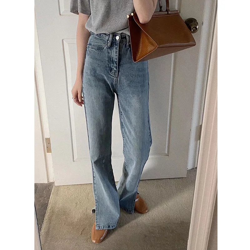 

Retro High Waist Jeans Women Designer Slit Cuff Vintage Washd Fit Denim Female Casual Trousers Wear Fashion Office Lady Pants
