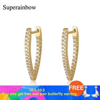 

SUPERAINBOW 925 Sterling Silver French Gold Chic O Shaped Hoop Earrings Women's Chunky CZ Hoop Geometrical Earrings SR-E228