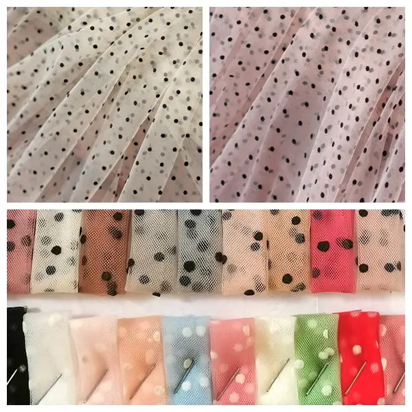 160cm Wide White Khaki Flocked Polka Dots Mesh Tulle Fabric High Quality Bridal Dress Wedding Decoration Puff Skirt Net | Дом и сад