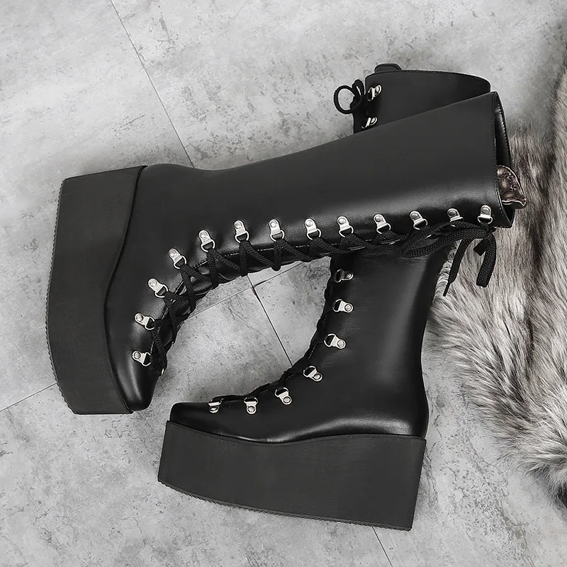 black fashion mid calf boots round toe flat platfo autumn winter boots cross tied classic ladies prom boots plus size