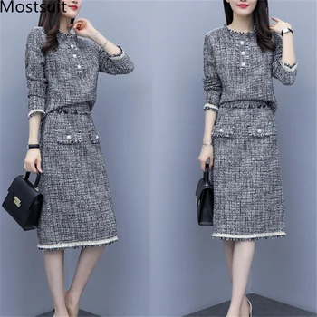 

2019 Autumn Vintage Ladies Two Piece Sets Outfits Women Plus Size Long Sleeve Tops And Skirt Suits Office Elegant Fashion Sets