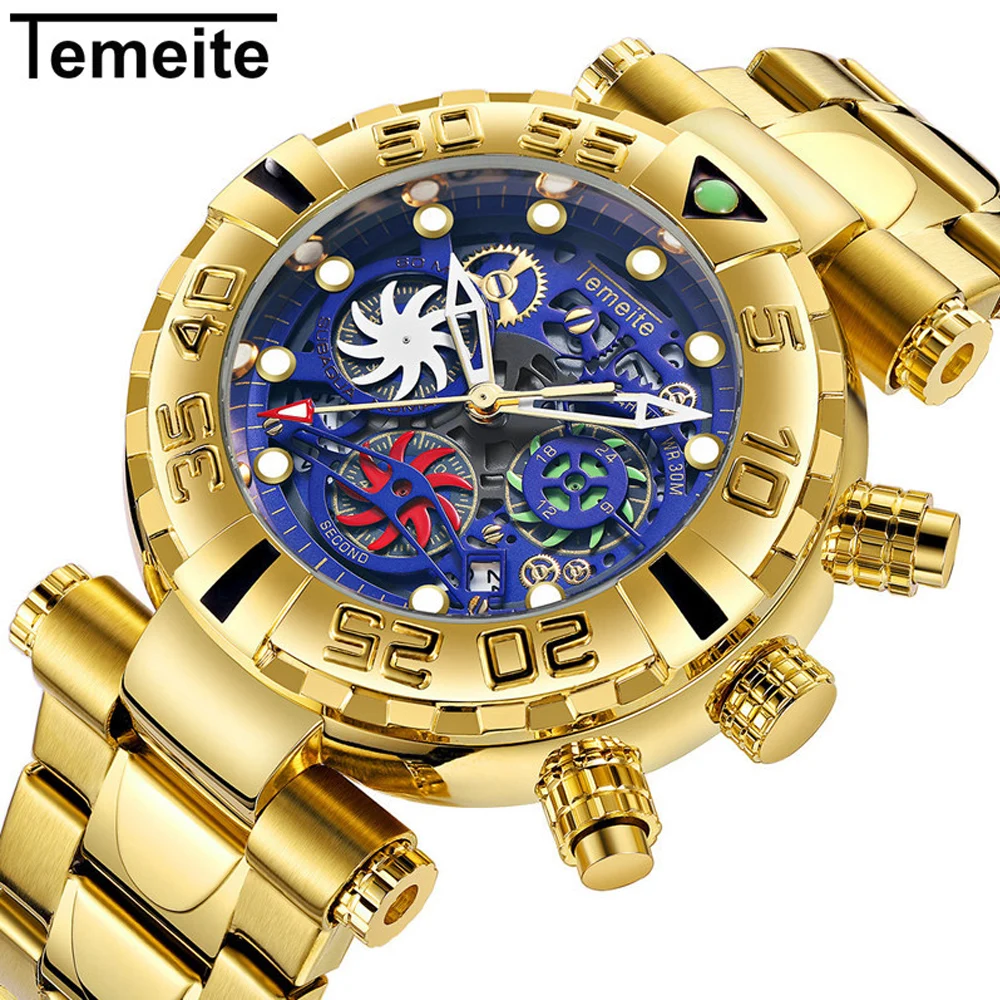 

Men Quart Watch Chronograph TEMEITE Military Fashion Multifunctional Calendar Waterproof Steel Strip with Three Time Zones Gifts