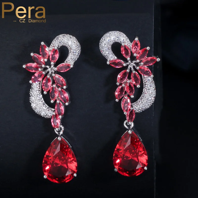 Женские сверкающие серьги Pera с цветком серебряный цвет большой красный камень