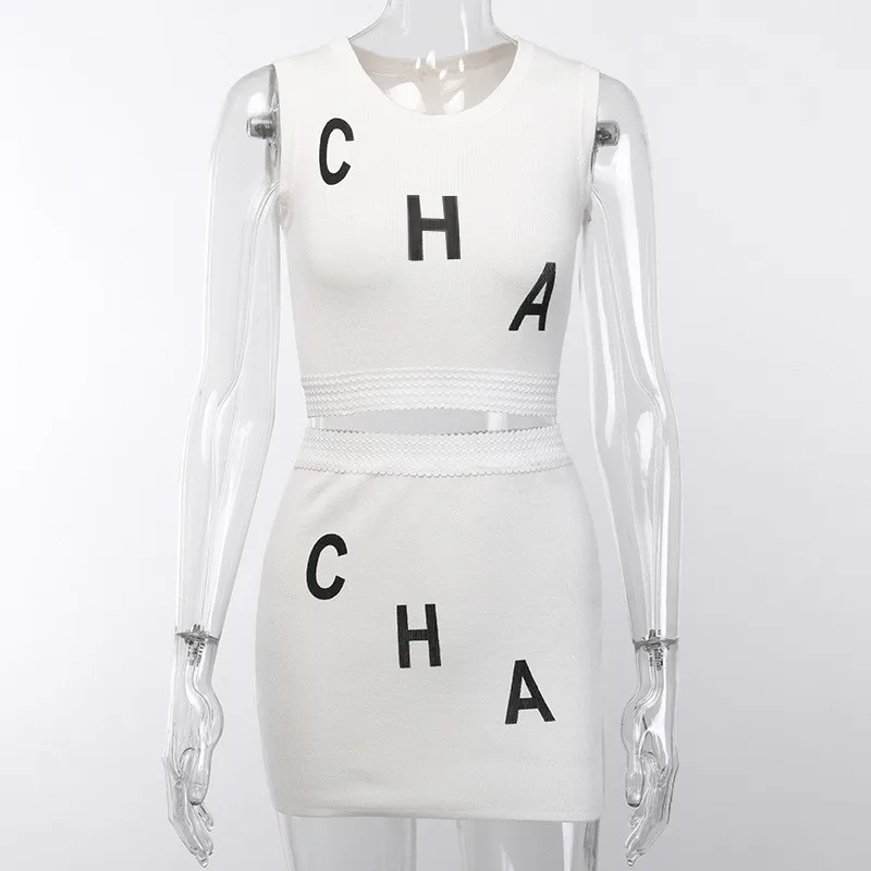 Hugcitar с круглым вырезом, без рукавов, пикантные топы, юбка, 2 предмета, комплект, осенняя женская уличная одежда - Цвет: Белый