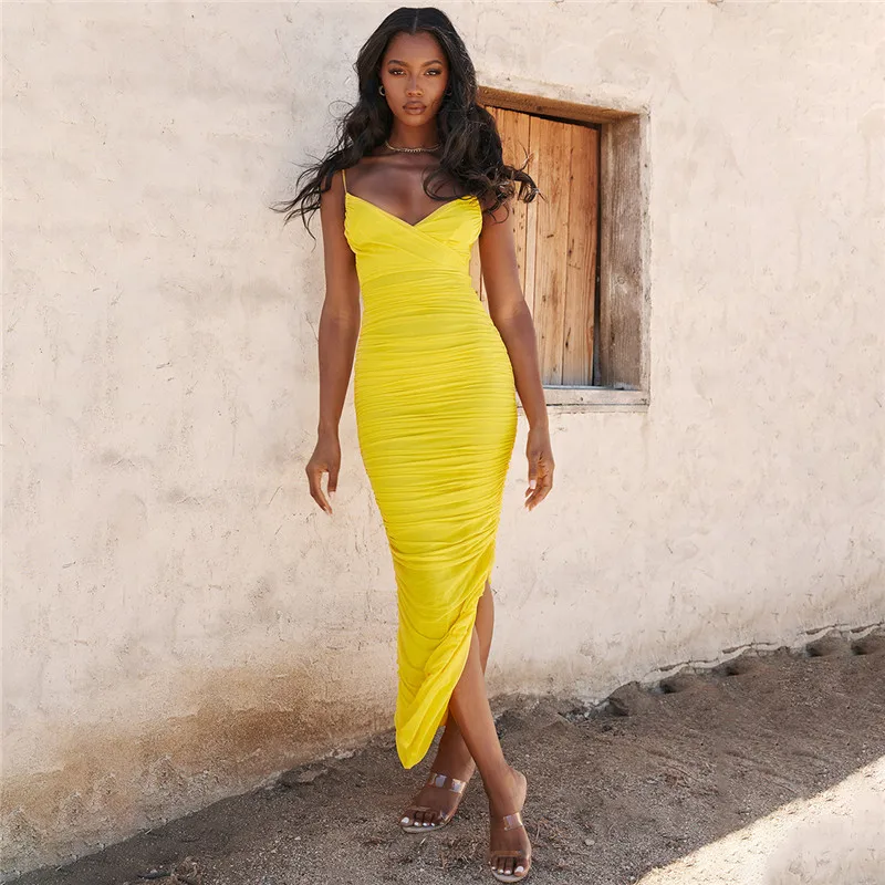Сексуальная летняя мода женское Макси платье повседневное Спагетти ремни v-образным вырезом тонкое желтое платье