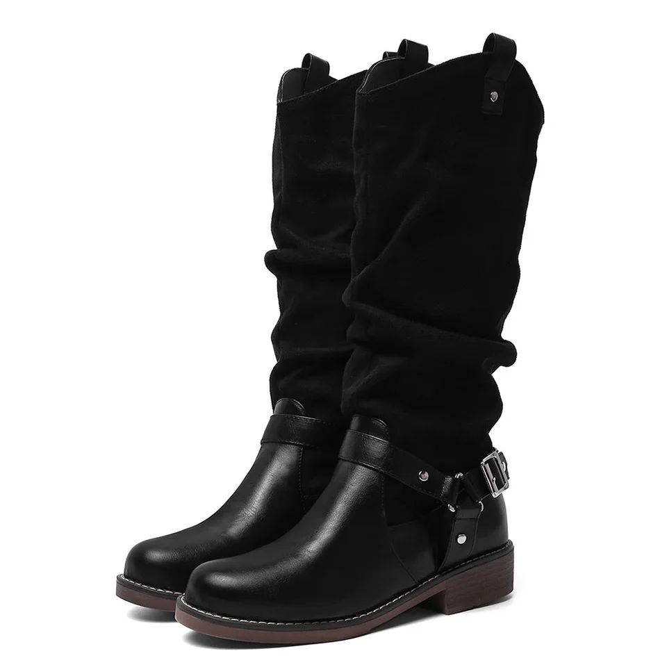 

Patchwork Flock PU Buckle Fashion Knee High Boots Casual Round Toe Slip on Winter Warm Fur Women Shoes 2019