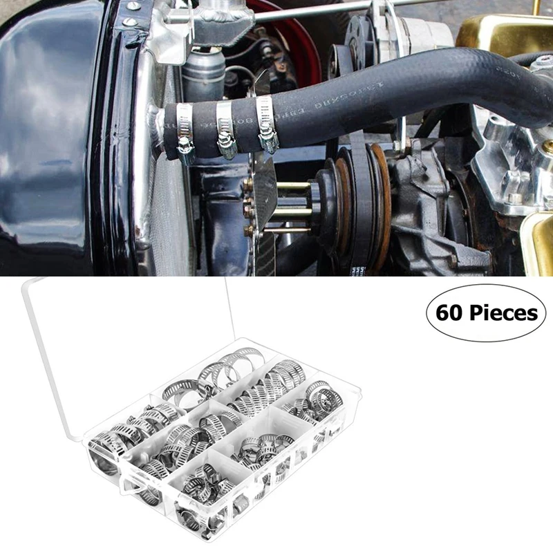 

Promotion! 60PCS Adjustable Hose Clamps Worm Gear Stainless Steel Clamp Assortment Lot Kit