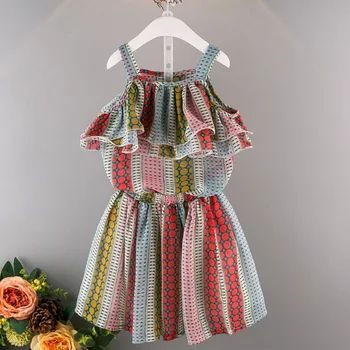 

Girls Summer Chiffon Dress Suspenders Top Pants 2 Pieces Set Striped Geometric Pattern