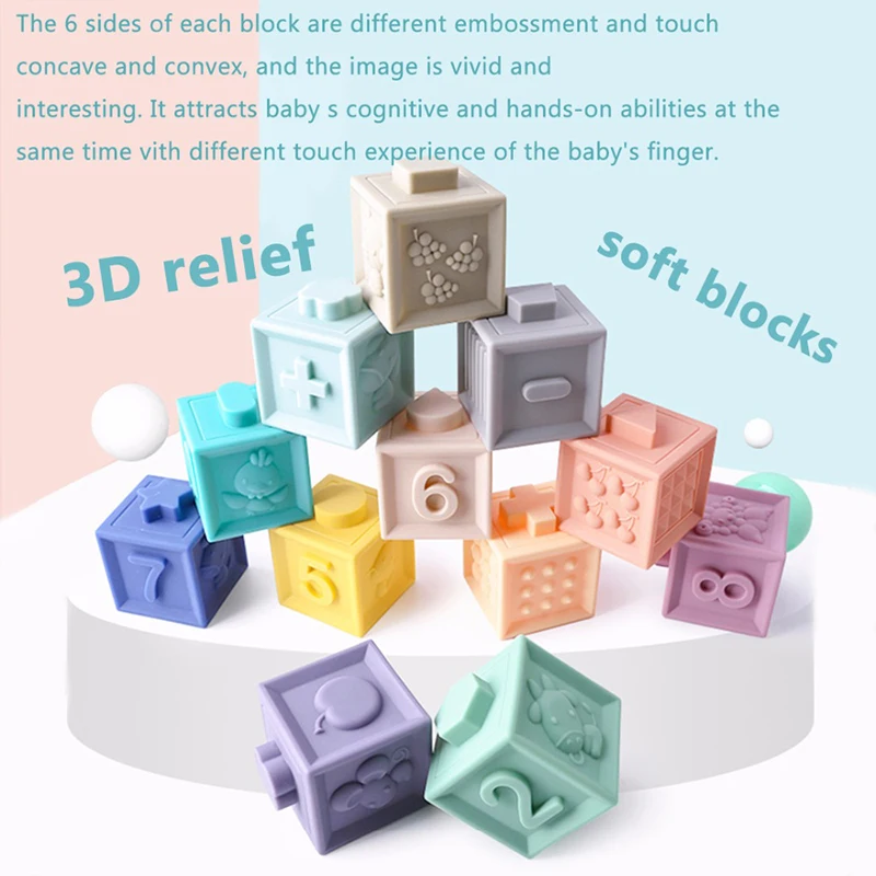 Let'S Make 12pc/Set Silicone Building Blocks Baby Grasp Toy 3D Touch Hand Montessori Baby Toys Soft Rubber Teethers Squeeze Toy