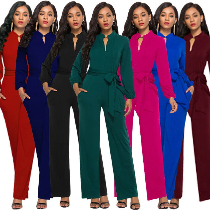 

2019 Europe and America sexy women's fashion solid color long-sleeved classic commuter wide leg jumpsuit