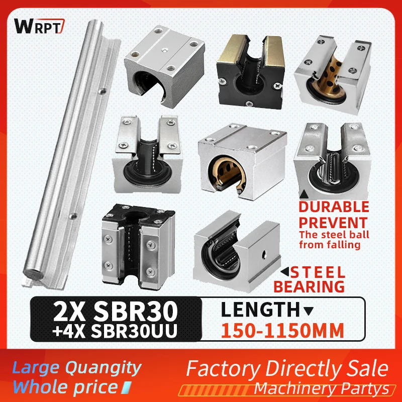 

2PCS SBR30 guide rail bracket cylindrical linear sliding bearing slide rail 4PCS slider set length = 150MM-1150MM