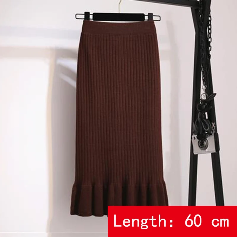 Женские юбки с эластичной резинкой на 60-70 см, осенне-зимняя теплая трикотажная прямая юбка, ребристая юбка средней длины в рубчик, черная юбка-годе - Цвет: coffee-60 cm