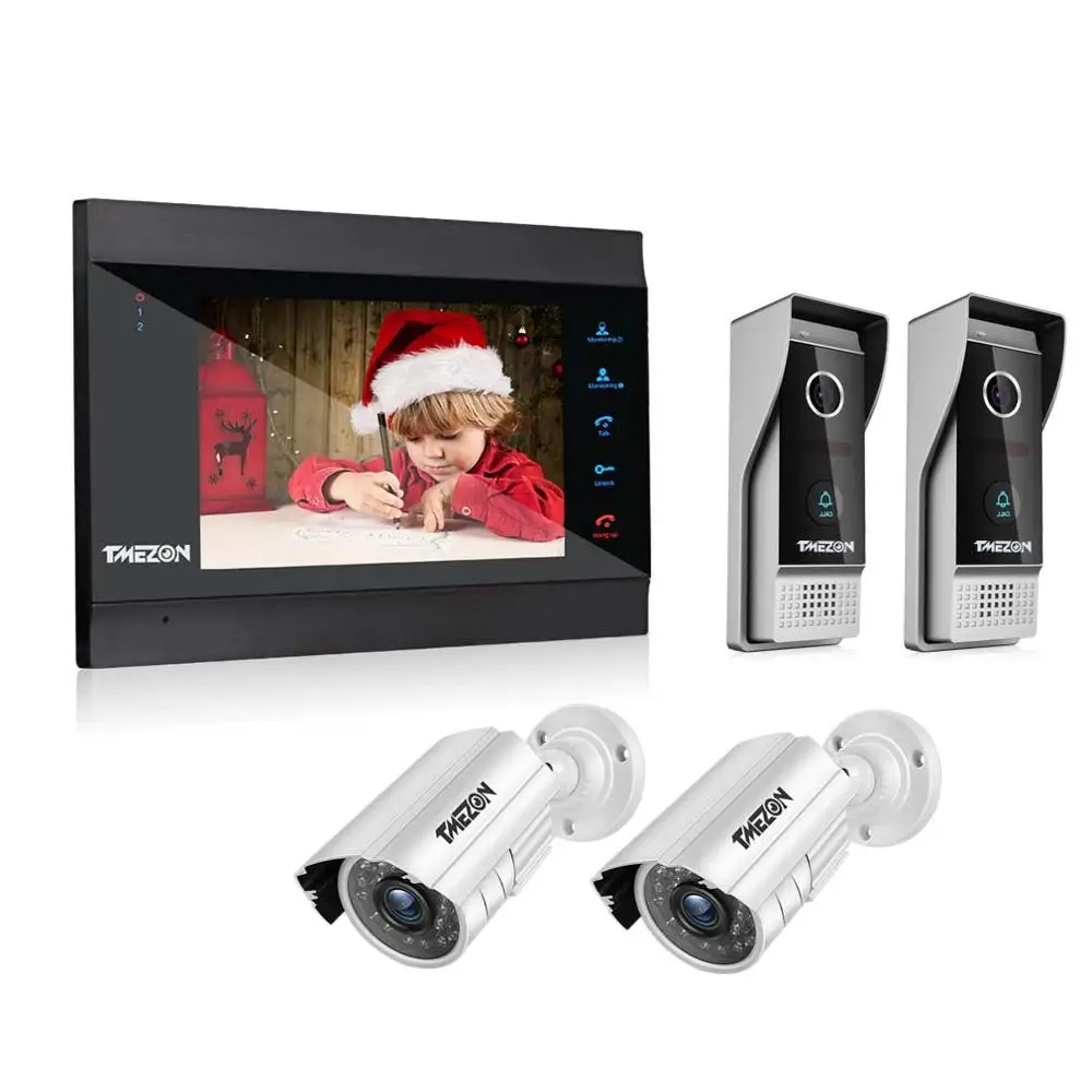 

TMEZON 7 Inch Wireless WiFi Smart IP Video Door Phone Intercom System with 1200TVL Wired Doorbell +2x1200TVL Surveillance Camera