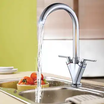 

Xueqin Chrome Kitchen Bathroom Sink Faucet Double handle Faucets Deck Mounted Mixer Hot And Cold Water Tap Rotation Spout