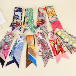 100% Real Silk Scarf for Women Twill Two Layers Handle Bag Ribbons Fashion Headband Long Skinny Scarves