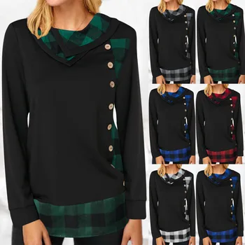 

Europe and the United States New Style for Autumn and Winter Hot Plaid Panel Long-Sleeve Heap Collar Sweater Shirt Women's Tops