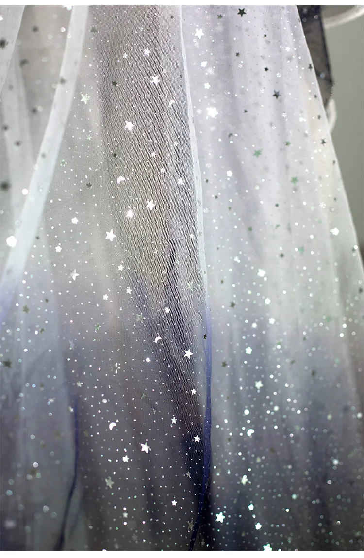 Soft Fabric Chiffon Fabric Sheer Dancing Dress Material Blue White Gradient Stars Gauze Sequin Mesh