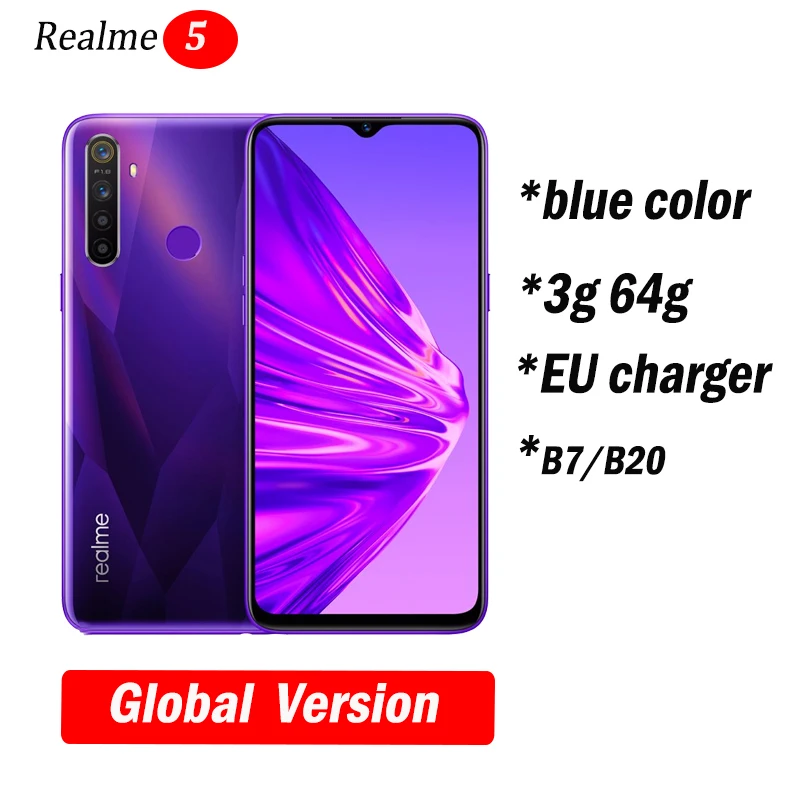 Realme 5 глобальная Версия Мобильный телефон 6,5 ''полный экран Snapdragon 665 AIE Quad камера PowerHero мобильный телефон - Цвет: 3G 64G purple