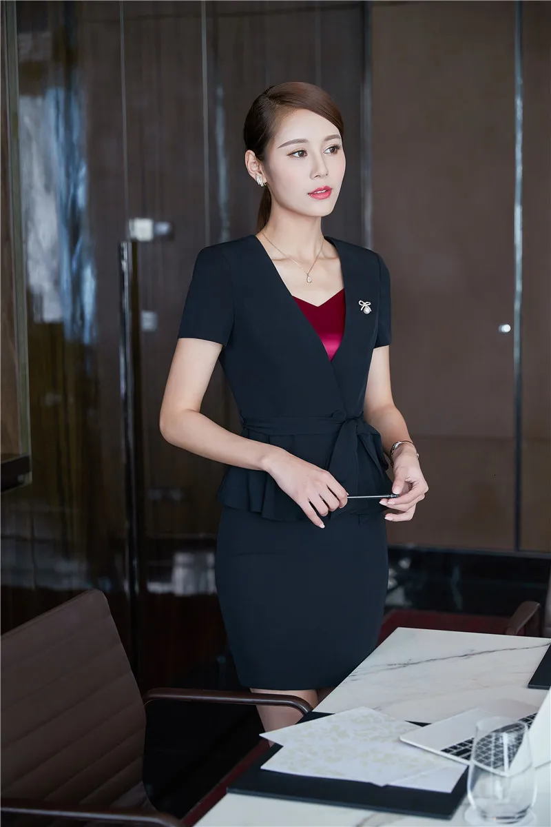 Униформа Дизайн короткий рукав форменный Блейзер Костюмы с Топы корректирующие и юбка для женщин женские офисные пиджаки