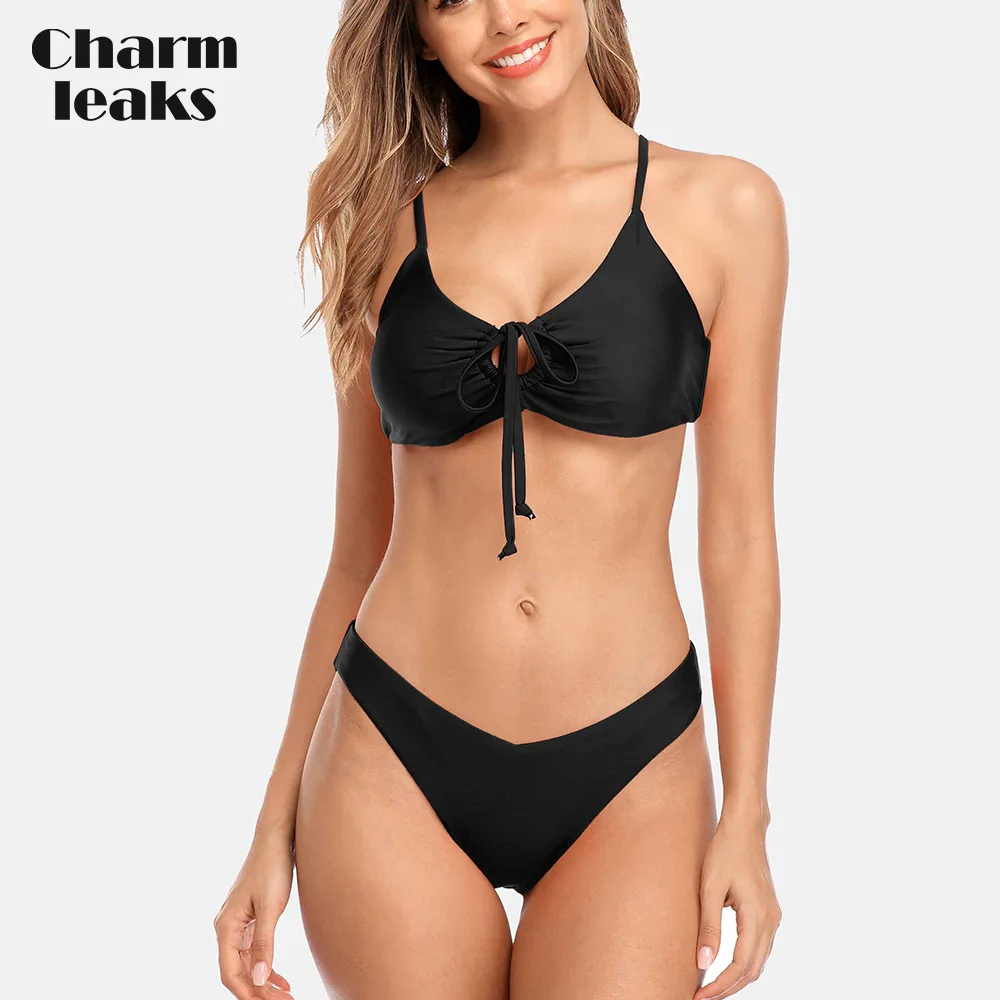 

Charmleaks Women Bikini Set Tied Front Swimsuit Stripe Swimwear Solid Color Bathing Suit Sexy Push Up Beachwear