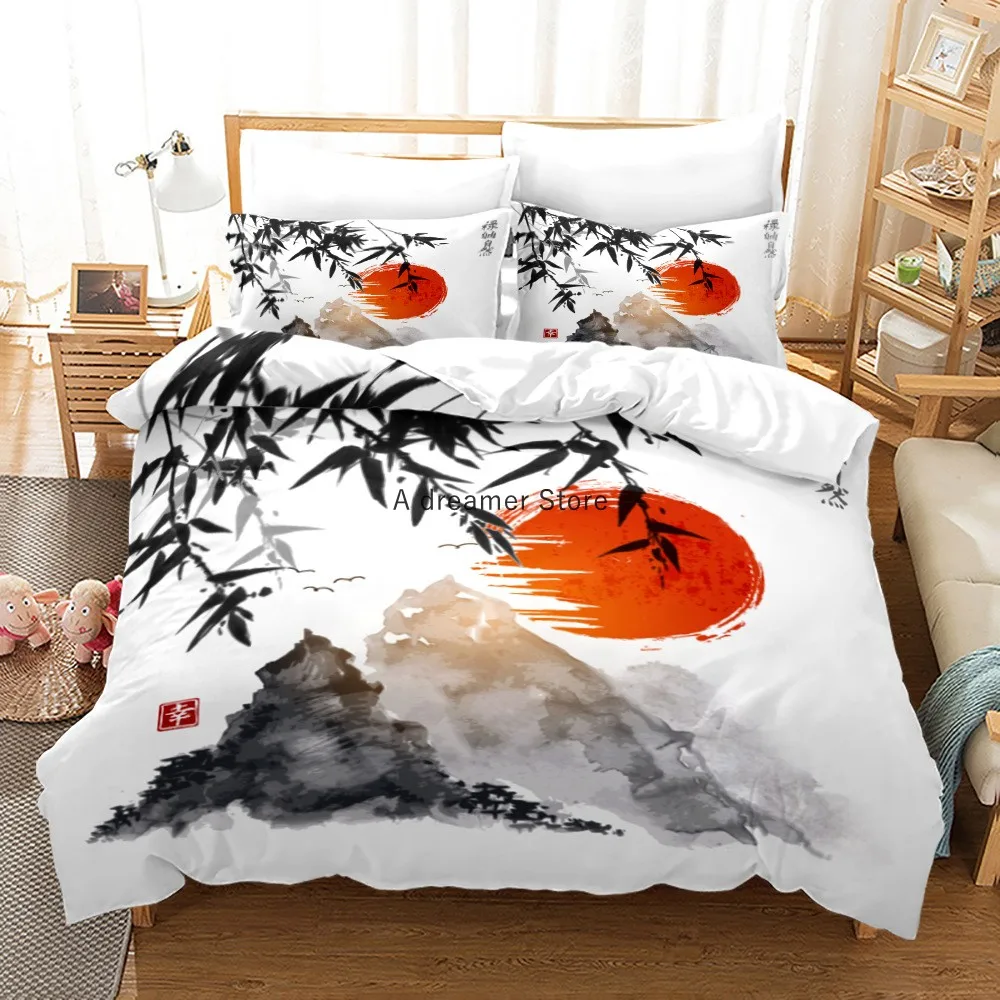 Chinese Ink Painting Plum Blossom Bamboo Bedding Set Fashion Art Duvet Quilt Cover With Pillowcases 200x200 Size Adults Textile 