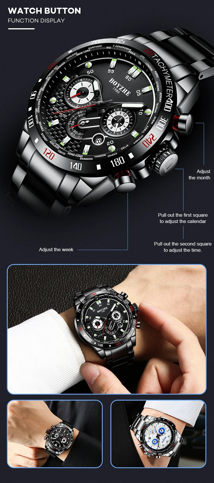 Новые черные стальные автоматические механические часы мужские спортивные часы многофункциональные роскошные часы мужские светящиеся часы водонепроницаемые
