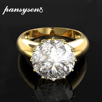 

PANSYSEN 12MM Round Top Quality Gemstone Gold Color Luxury Women's Wedding Engagement Rings 925 Sterling Silver Jewelry Ring