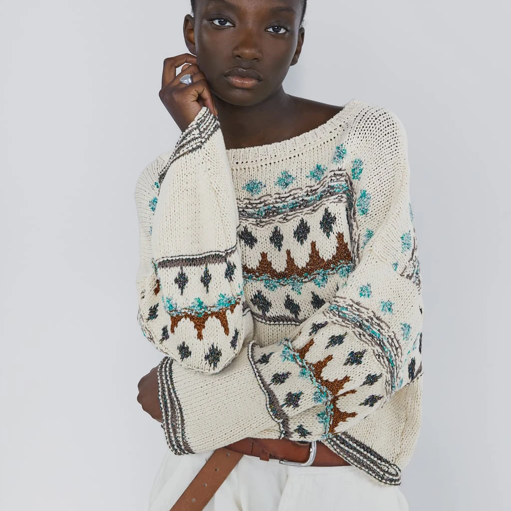 ZA Модный этнический Свободный вязаный свитер женский осенний Модный повседневный пуловер с длинными рукавами свитер осенняя одежда верхняя одежда