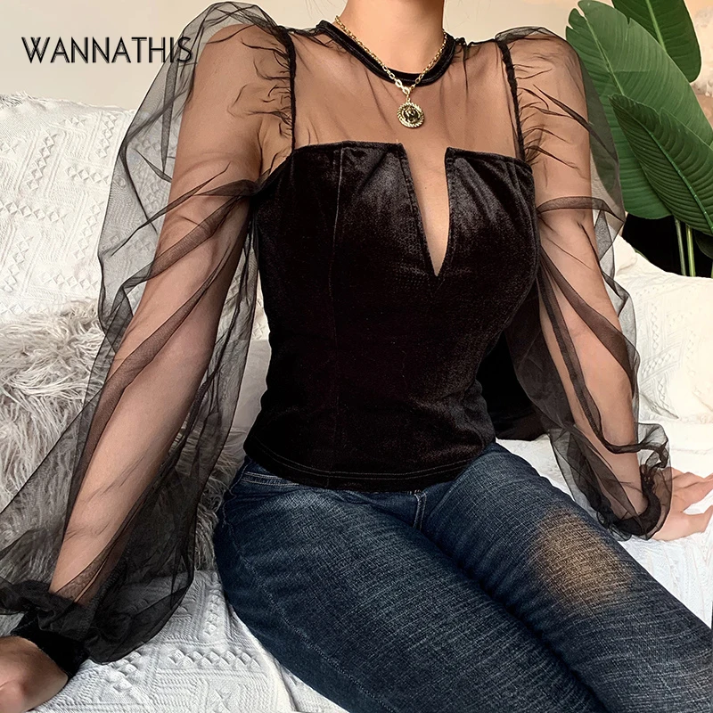 

WannaThis V-Neck Mesh Puff Sleeve Blouse Women Black Sexy Slim Patchwork Velvet Slim Transparent Cropped Top Elegant Blouse New