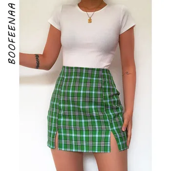 

BOOFEENAA Green Plaid Split High Wasted Mini Skirt Spring 2020 Vintage Sexy Pencil Skirts Womens Kawaii Ropa Mujer C71-I67