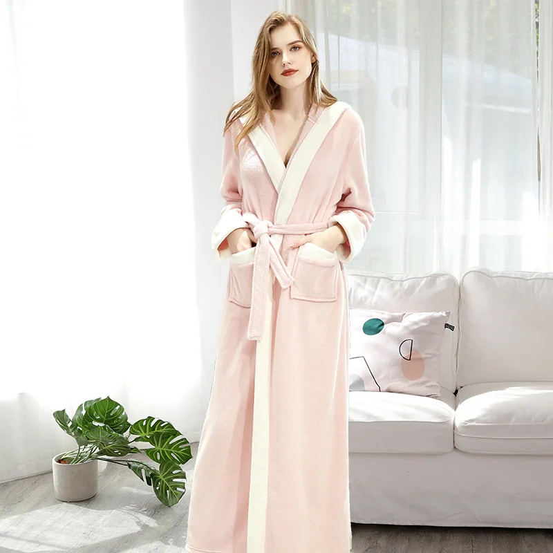 Женский и мужской зимний теплый фланелевый коралловый флис с капюшоном однотонный длинный халат кимоно розовый банный халат подружки невесты сексуальный халат - Цвет: Hood Pink
