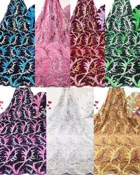 

2019 high quality French sequence sequins net lace,African velvet tulle mesh sequence lace fabric for party dress 5yards/lot Red