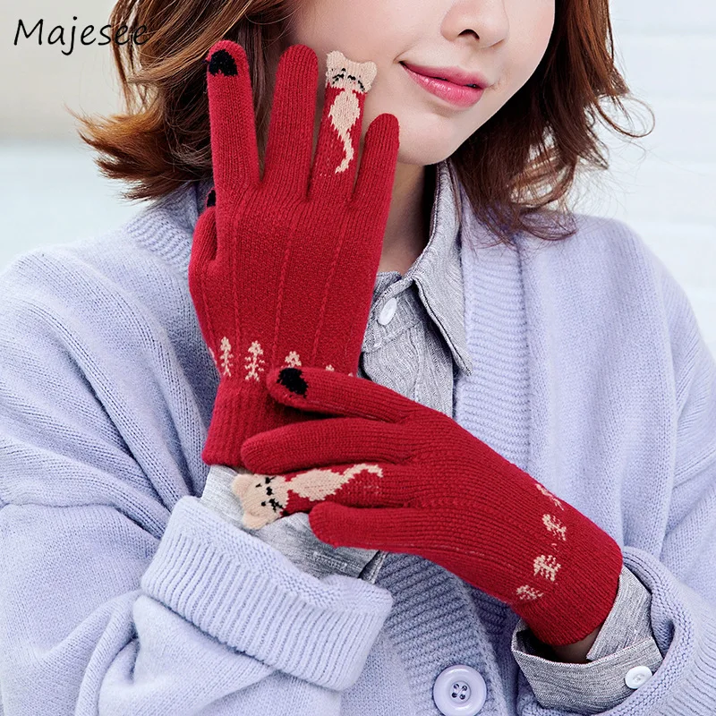 Зимние женские перчатки в студенческом стиле с мультяшным котом ольччан милые