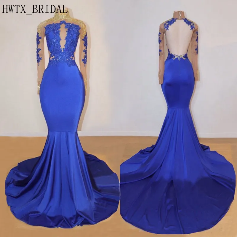 Sexy Mermaid Long Evening Dress 2020 African High Neck Open Back Sheer Gold Lace Sweep Train Royal Blue Formal Prom Dresses 2K19 | Свадьбы и