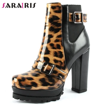 

SARAIRIS New Wild Leoplard Platform Booties Ladies Party Patchwork Patent PU Ankle Boots Women 2019 High Heels Shoes Woman