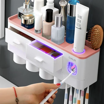 

Automatic Toothpaste Squeezer Toothpaste Dispenser Wall Mount Storage Rack Toothbrush Holder With Cup Bathroom Set blue gray