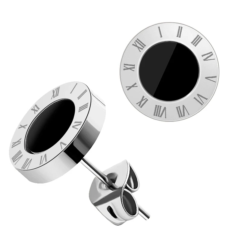 Silver black 1 BICUX из нержавеющей стали, розовое золото, серебро, маленькие серьги-гвоздики для женщин, ювелирные изделия, модные серьги с римскими цифрами и кристаллами, ювелирные изделия - Окраска металла: Silver black 1