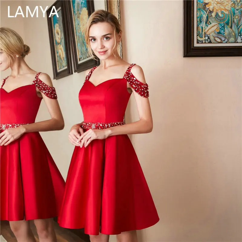 

LAMYA Satin With Crystal Beading Prom Dress Elegant Sweetheart Wedding Party Gowns Short A Line Evening Dresses Vestido De Festa
