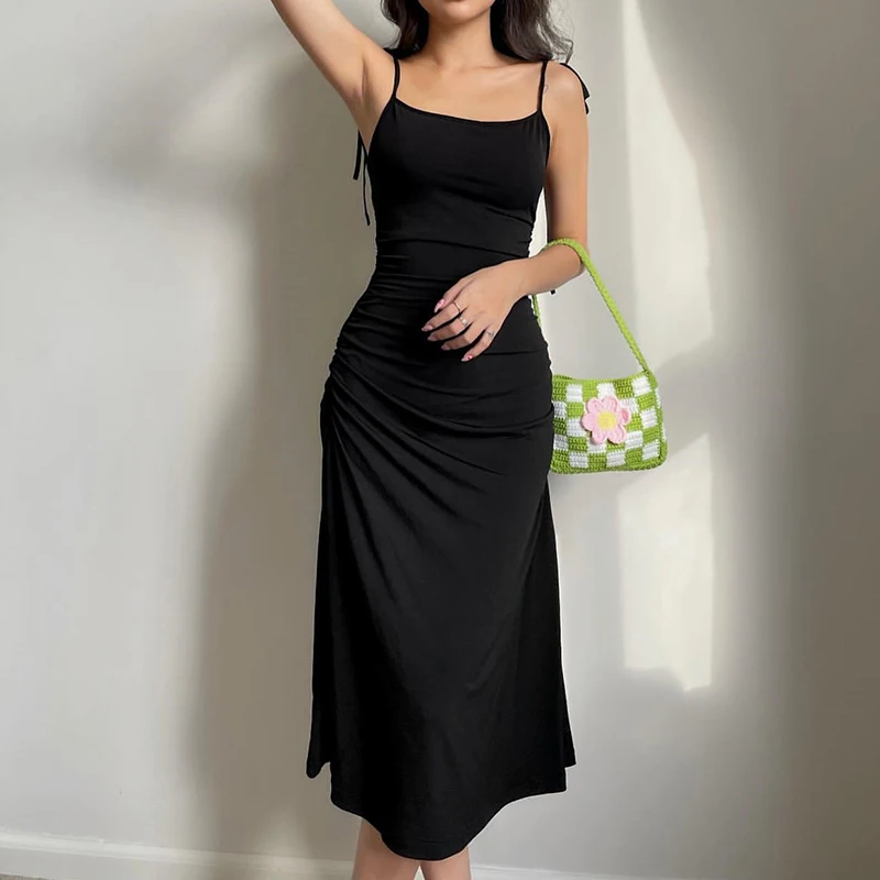 

Fashion Strappy Ruched Sexy Black Dress Irregular Elegant Backless Long Dress Party Summer Dresses Women 2022 Clothes