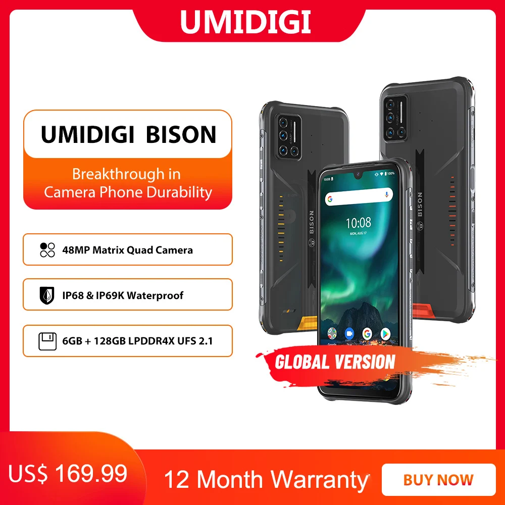 UMIDIGI BISON IP68/IP69K Waterproof Rugged Phone 48MP Matrix Quad Camera 6.3