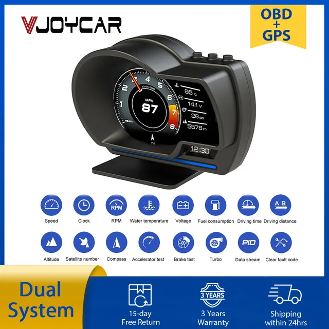Vjoycar V60 نظام مزدوج رئيس يصل عرض OBD2 هود غس عداد السرعة الرقمي X1 OBD2 متر قياس النفط/المبرد درجة الحرارة. توربو دفعة