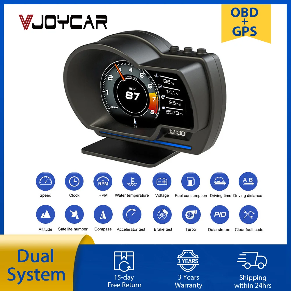 Vjoycar-油圧および冷却水温度計,デュアルシステム,ヘッドアップディスプレイ,obd2 hud,gps,デジタルスピードメーターx1,obd2メーター,v60ターボブースト  AliExpress