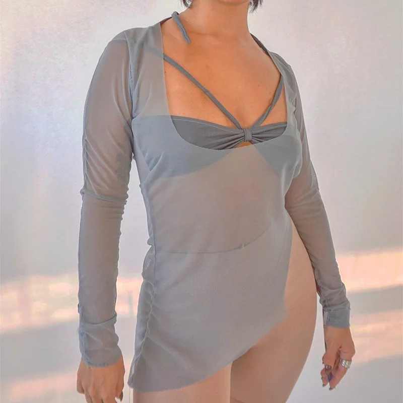 Goth Dark Y2k Punk Mesh See Through T-shirts Women Cyber Sexy Summer Halter Tops Lace Up Techwear Black Patchwork Split Clothes