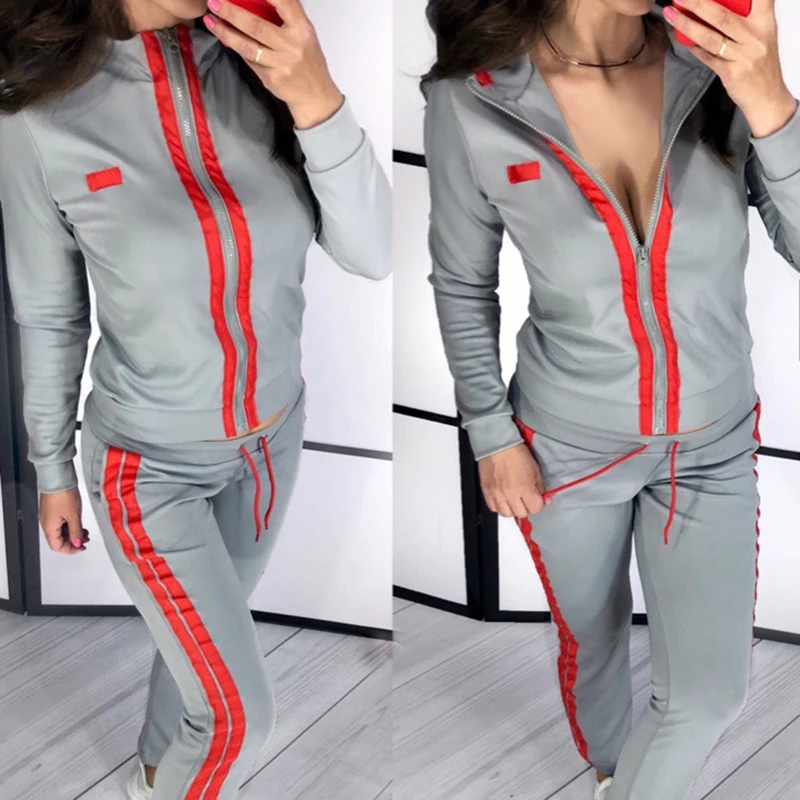Jogging Suit For Women Casual Patchwork 2Pcs Set Sweatshirt With Sweatpants 2019 Autumn Sport Zipper Tracksuit Running | Спорт и