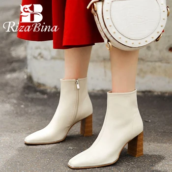 

RIZABINA Real Leather Women Ankle Boots Solid Color Sweet Women Shoes Square Toe Casual Ladies Party Mujer Footwear Size 34-40