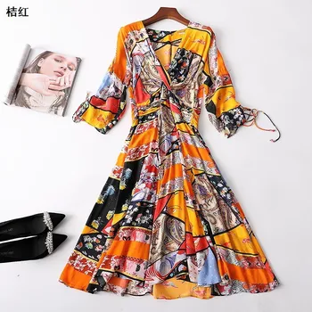 

New 222023 women s spring sleeve v neck side zippers nine points and printed long dress