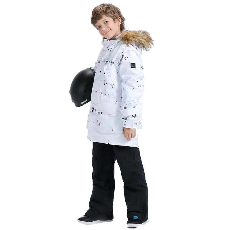 Gsou/лыжный костюм для мальчиков; теплая водонепроницаемая ветрозащитная куртка; комплект со штанами; детский лыжный костюм - Цвет: Белый