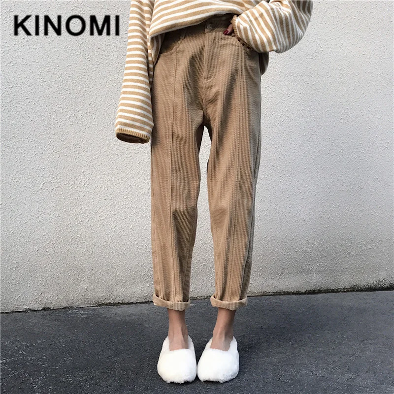 KINOMI, женские зимние Прямые вельветовые брюки, женские свободные повседневные брюки до щиколотки со средней талией, женские повседневные брюки, новинка