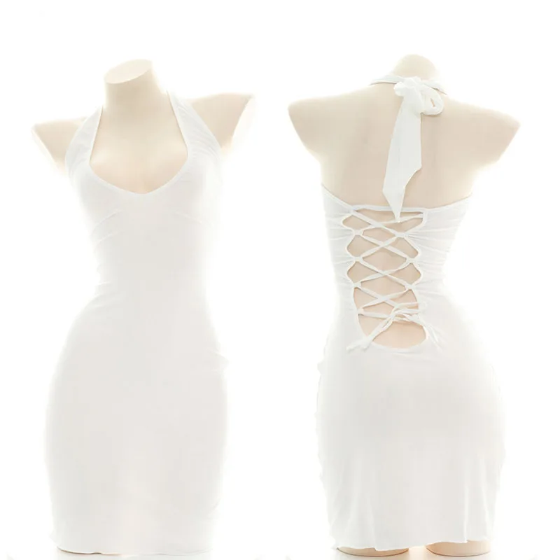 

Japanese Sexy Women Girls Low-cut Tight Dress Female Halter Backless Bandge White Nightdress Lolita Cosplay Sleep Homewear Gifts